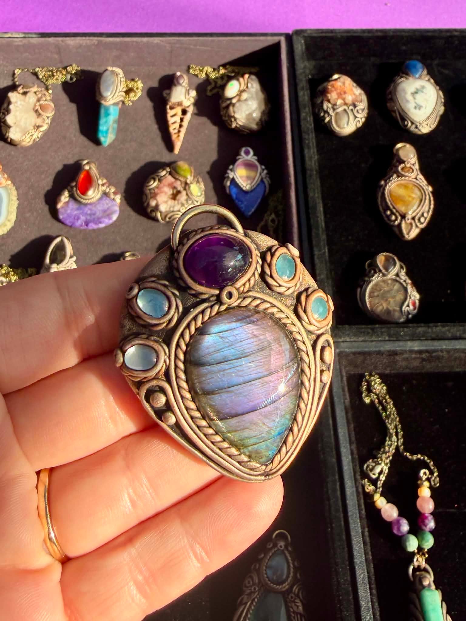 Indigo Labradorite + Blue Aura Quartz + Amethyst Pendant